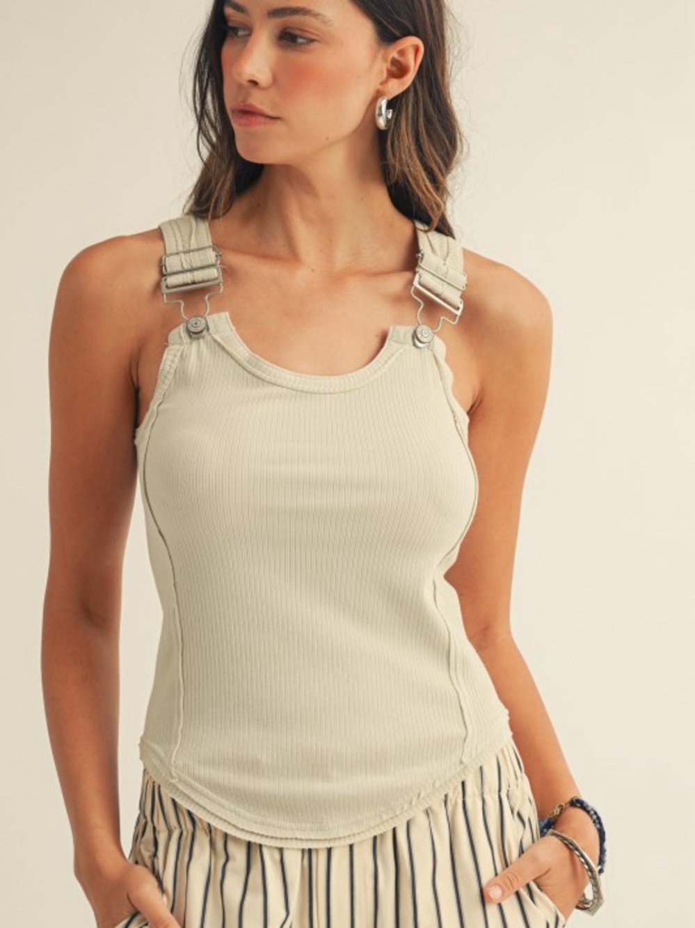 Beige khaki buckle raw hem edge embroidered western stitch tunic top shirt tank